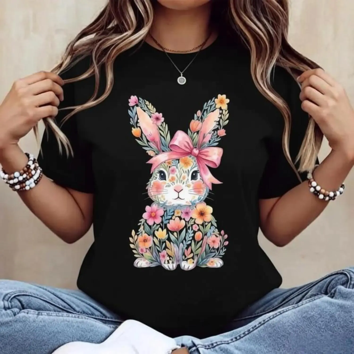 Casual Bunny Graphic Top for Women, Shortsleeve Crew Neck in Soft Breathable Fabric for Streetwear and Daily Wear, Tshirt, Bunny Print, Slim-Fit, M, Easter, Work, Lady, Round Neck, T-Shirt, Long-Lasting, Durable Stitching, Easter Graphic