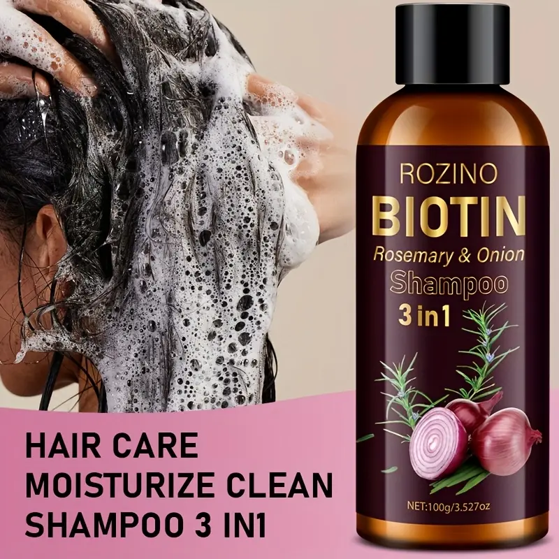 Rozino Biotin 3-in-1 Haircare Shampoo with Rosemary & Onion, All Natural Cleanser for Nourishment, 100g, No Silk Protein or Conditioner (Cleansing Formula), All Natural Shampoo,back to school