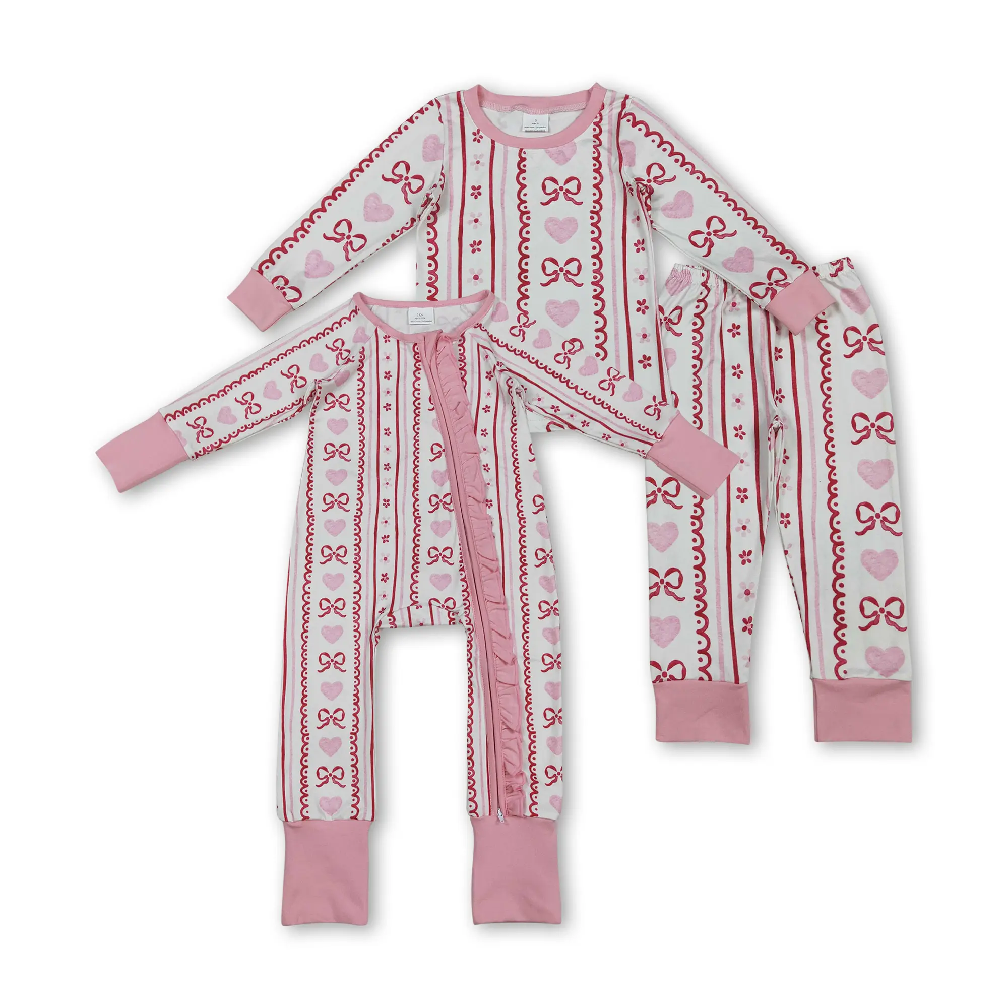 Girl's Valentine's Day 2-Piece Winter Pajama Set, Heart & Pink Bow Details, Floral Print, Pastel Cute, Soft Casual Sleepwear, Floral Print Pajama, Pastel Cute Pajamas