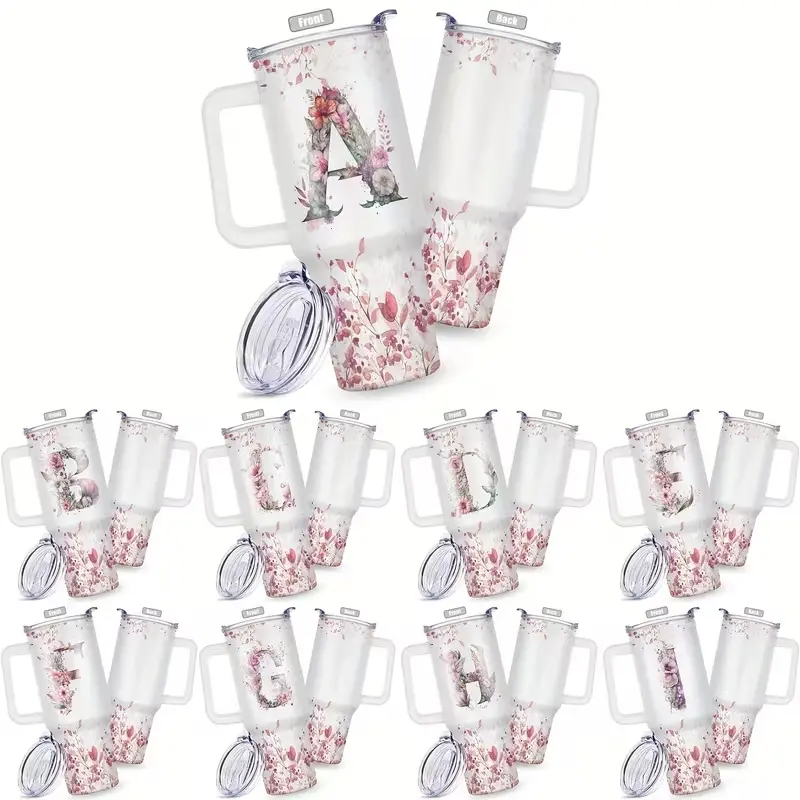 40oz Stainless Steel Insulated Monogrammed Initial Tumbler with Lid, Floral Personalized Drinkware Flask, Valentine's Day Gift for Women (A-Z) – Drinkware Must-Haves for Girlfriend, Wife, Mom