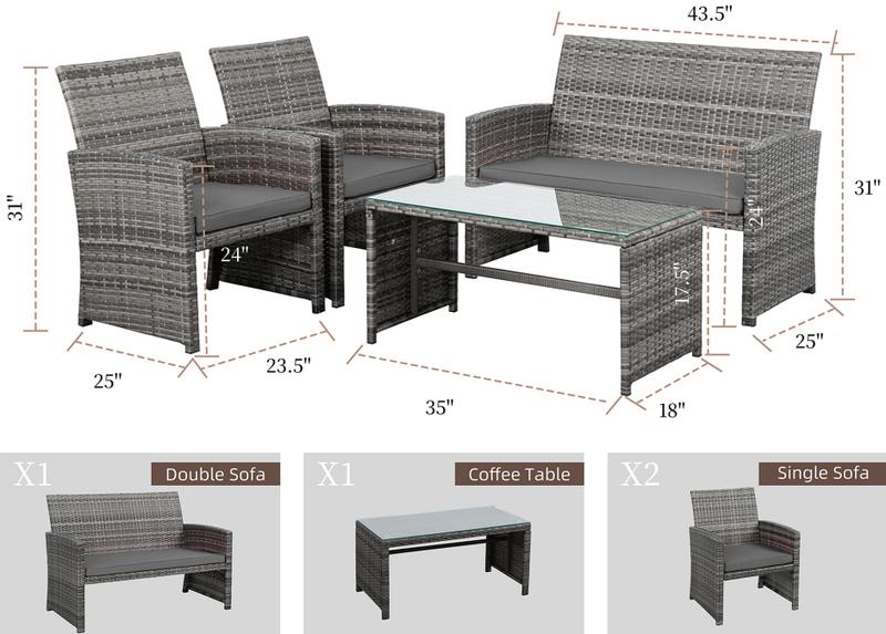 Walsunny 4-Piece Patio Furniture Set, Outdoor Wicker Patio Set with Cushions and Wooden Table for Lawn Backyard, White Rustic Dining Compact
