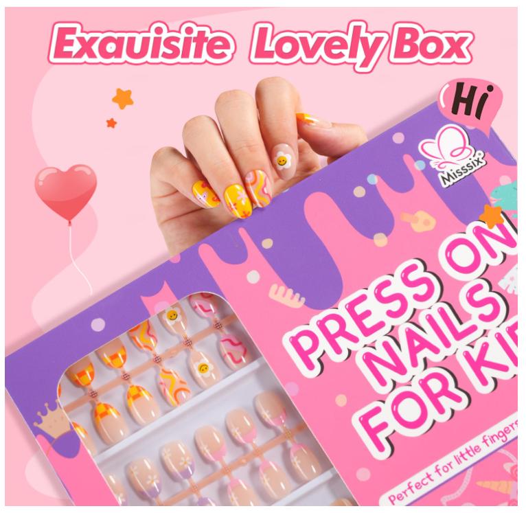 Misssix 78 Pcs Press on Nails for Kids, 3 Pack Kid Fake Nail Kit Cute Press on Nails, Old Colorful Flower Glue On Nails Stick On Nails for Girls 8-12 Years