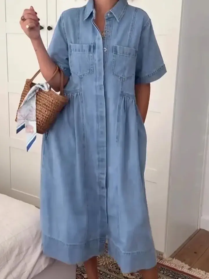 chinese dress ladies Wenrine Women's Short Sleeve Denim Dress Button Down Collared Loose Fit  Summer Casual Jean Shirt Mini Dresses Dark Grey at Amazon Women's Clothing  store