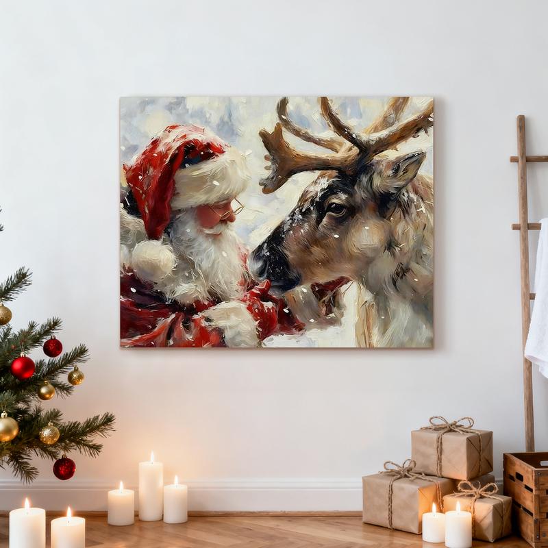 WiHoo Santa Claus Framed Vintage Christmas Canvas Wall Art Print, Rustic Winter Painting Christmas Pictures Wall Decor Christmas Gifts for Home Living Room Bedroom Decor Made in USA
