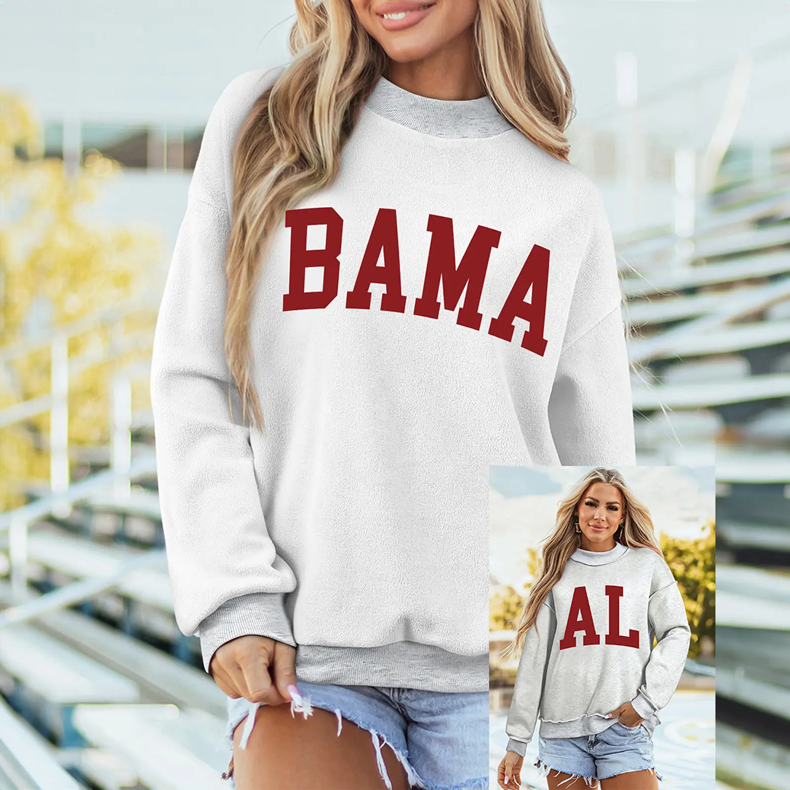 Women's Alabama Double-Side Printed Mock Neck Reversible Long Sleeve Casual Style Hoodie for School, Comfortable, Cotton, Pullover, Soft