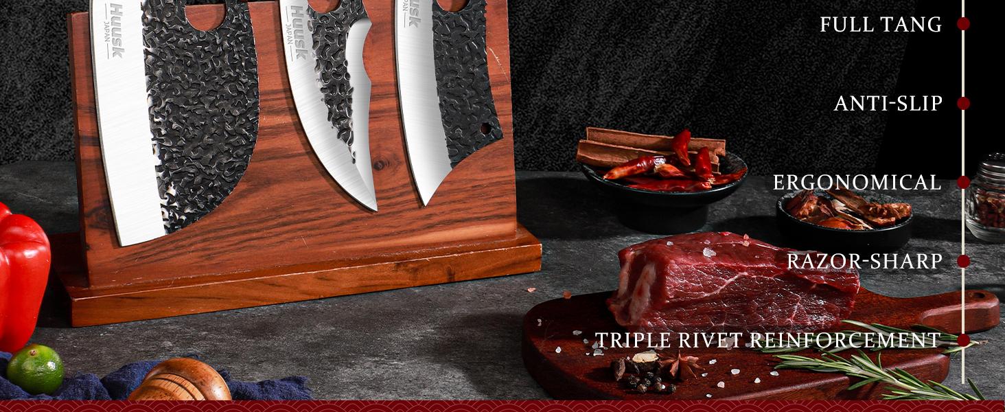 Huusk Hand Forged Butcher Knife Set – 3PCS High Carbon Steel Kitchen Knives with Rosewood Handles for Meat, Bone & BBQ Cutting – Professional Chef Gift for Christmas