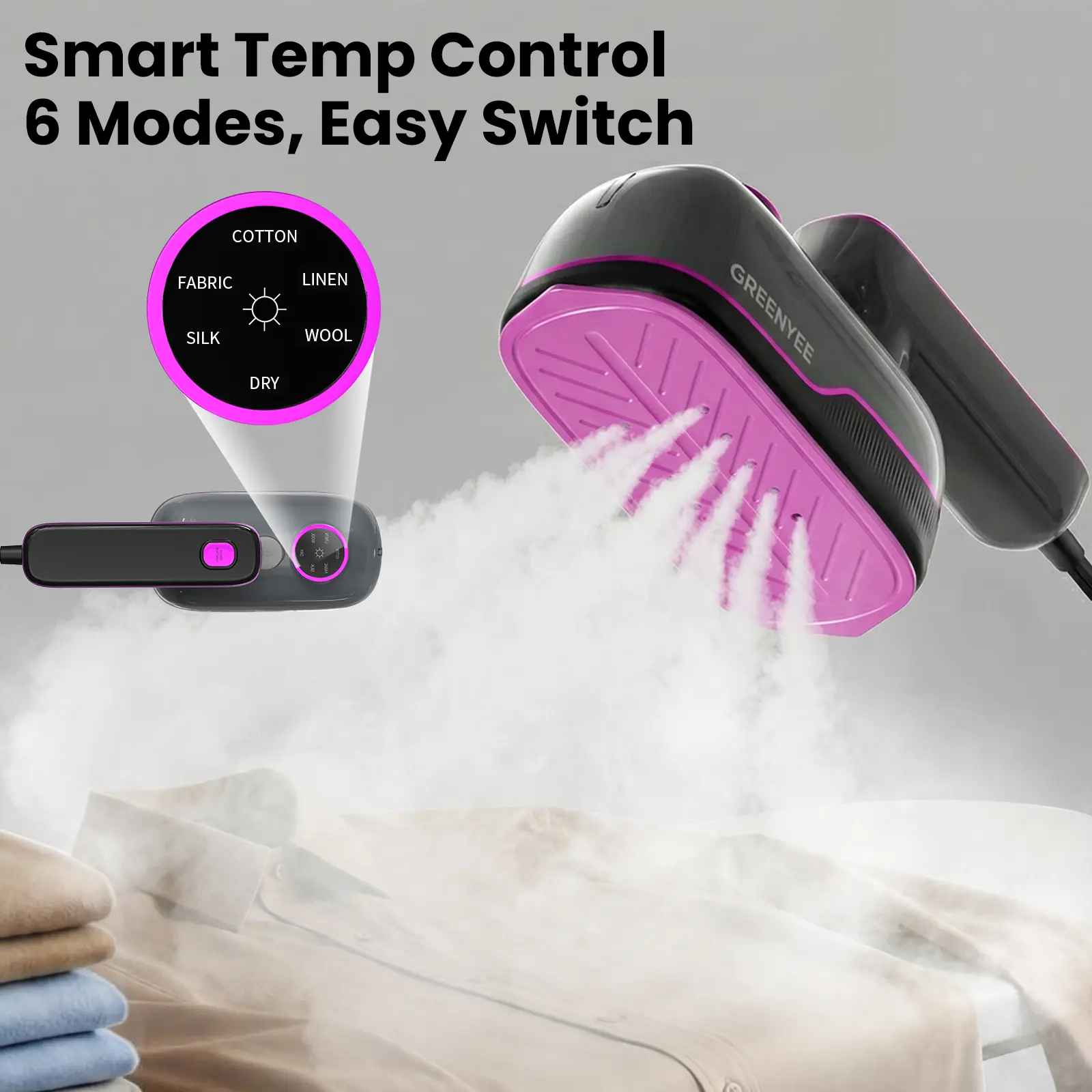 GREENYEE 2-in-1 Clothes Steamer & Iron, 6 Fabric Modes, Fast Heating, 6.5” Large Iron Plate, No-Leak Design, LED Display, 150ml Water Tank, Portable Garment Steamer for Home, Office & Travel