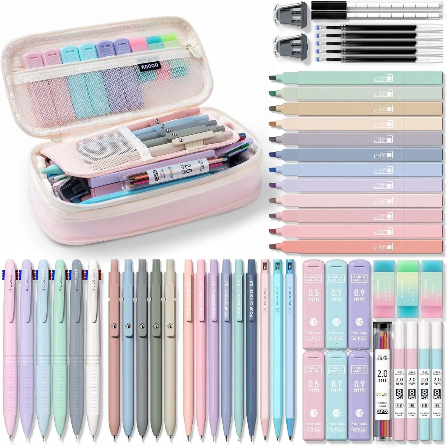 Four Candies 56 PCS Aesthetic School Supplies with Large Pencil Case, 6 Colored Ballpoint Pens, 12 Pastel Highlighters, 5 Black Ink Gel Pens, 9 Mechanical Pencils 0.5-2.0mm Student Essentials, school supplies art work,girly office supplies,Refill Packs
