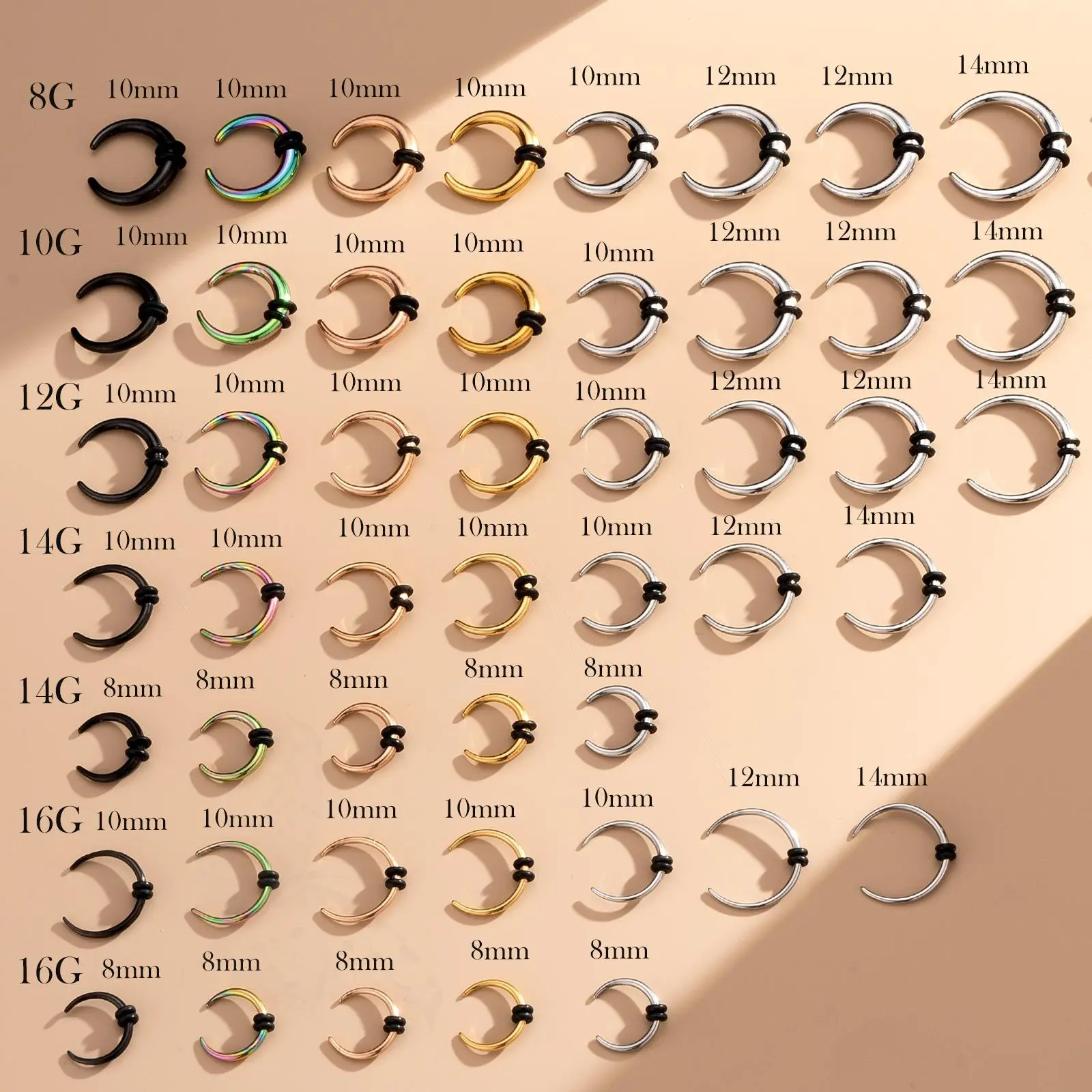 OUFER  Multi-Size Hypoallergenic Stainless Steel Stretch Horseshoe Pincher - 16G/14G/12G/10G/8G Gauges, 8mm/10mm Inner Diameter, Unisex Moon-Design Nose Piercing Accessory for Daily Wear, Casual Earlobe Body Piercing Use, Nose Piercing Jewelry