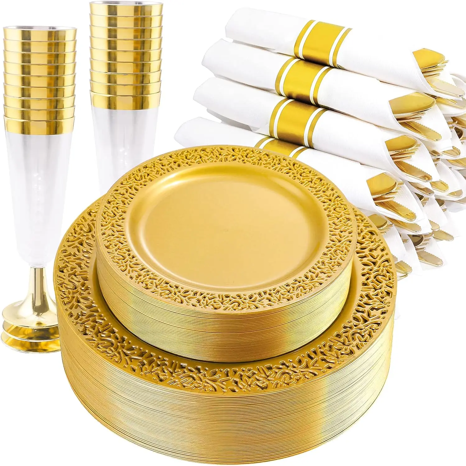 210Pcs Solid Gold Disposable Plates with Silverware and Cups,Gold Plastic Plates for Party Include: 30 Dinner Plate,30 Dessert Plate,30 Rolled Napkins with Cutlery,30 Cups for Party Wedding
