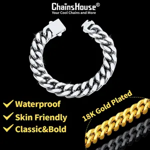 ChainsHouse Stainless Steel Miami Cuban Link Bracelet 18K Gold Plated for Men & Women, 5-14mm Width, 7.5"/8.3"/9" Length, Durable Upgrade Buckle Clasp, Gift Box Included, Miami Cuban Chain Jewelry for Valentine's Day Birthday CHH18580