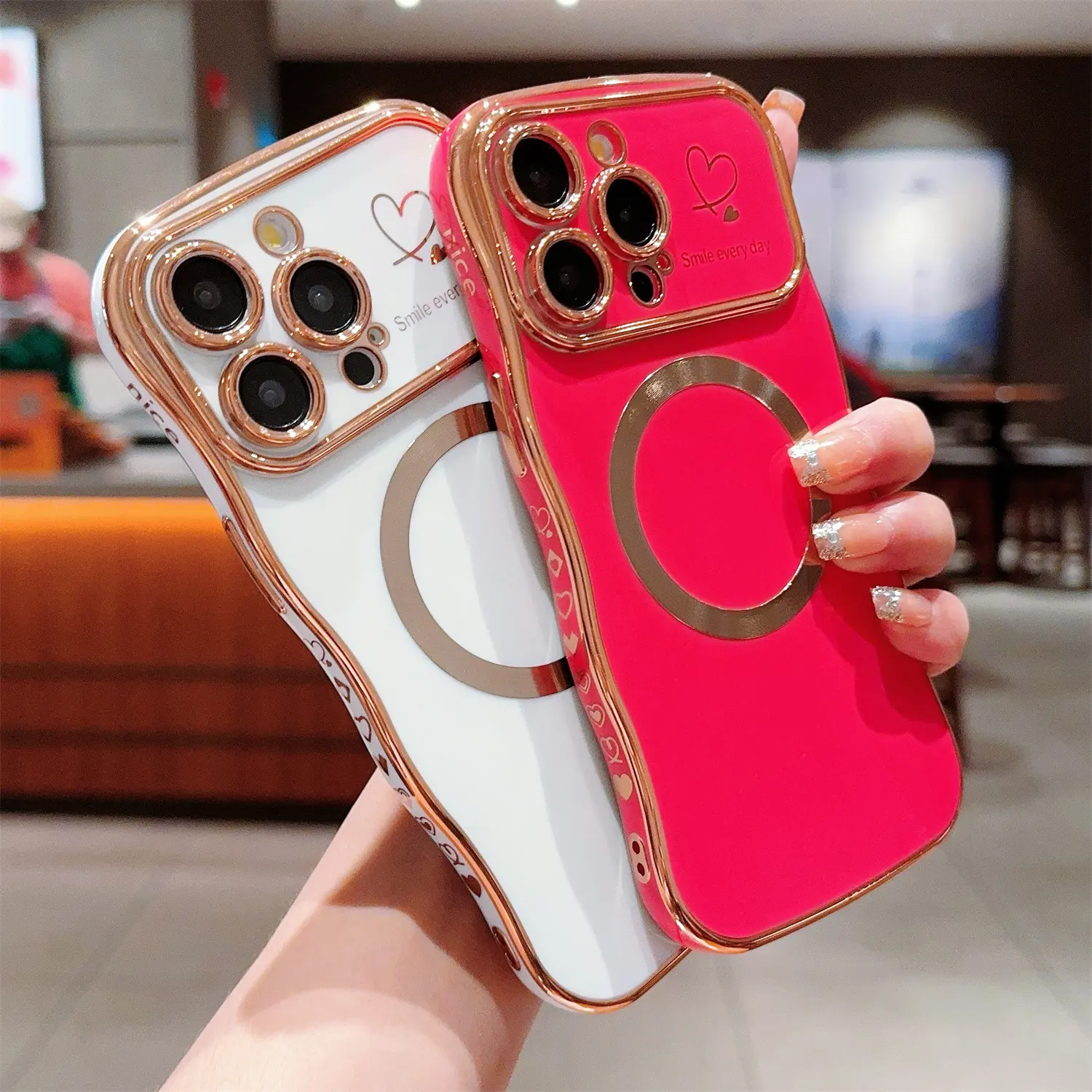 OREKROY MagSafe Magnetic Case for iPhone 17/16/15/14/13/12 Pro Max – Cute Curly Wave Frame with Heart Design, Shockproof Soft TPU, Full Camera Lens Protection, Clear Slim Cover