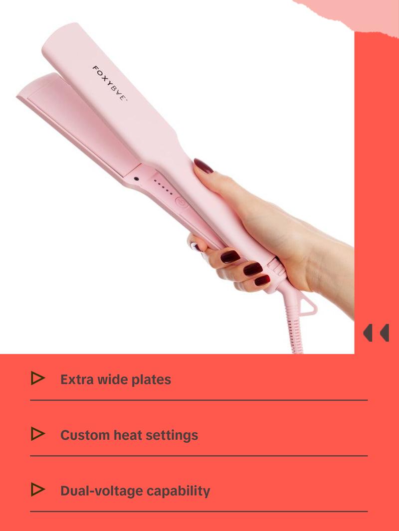 FoxyBae Sleek & Slay 1.75" Wide Plate Ceramic Flat Iron – Professional Hair Straightener – Frizz Control, Fast Heating, Dual Voltage – Blush