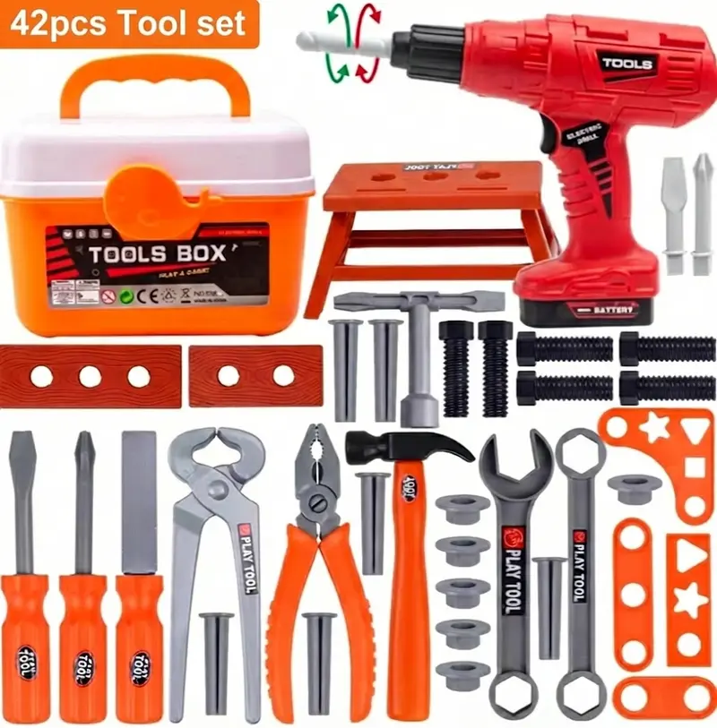 Tool Box Toy, 42pcs/set Electronic Toy Drill Kits with Box, Pretend Play Construction Tools for Enhance Hands-on Ability, Simulation Tool Box Repair Toy for Teenagers and Adults