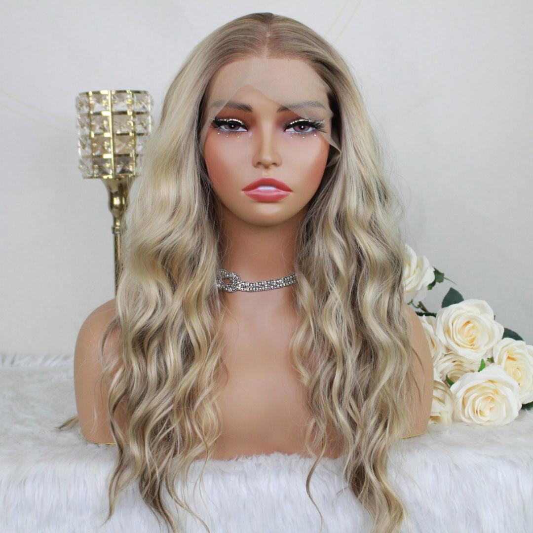 A34 by AISOM Curly Warm Blonde Highlight Free Part Pre Plucked 20inch 13x4 Synthetic Lace Front Wig for Women Tiny Knots Heat Friendly