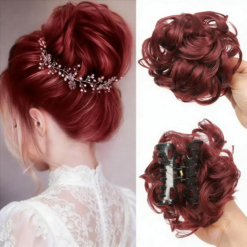 Women's Floral Clip-On Hairpieces - Flower Bud Shape, Lazy Fluffy Curling, Back-Fit Secure Hold, Natural Fluffy Wig Styling Accessory for Casual Fashion & Holiday Indoor Recreation