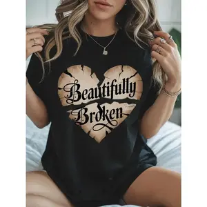 Women's Casual Crewneck T-Shirt with "Beautiful Broken" Heart Print, Regular Length, Perfect for Daily Wear, Spring/Summer Fashion, and Back to School Outfits, Ideal for All Seasons, Addicted Top for 2025 Summer Clothes Women Plus Size