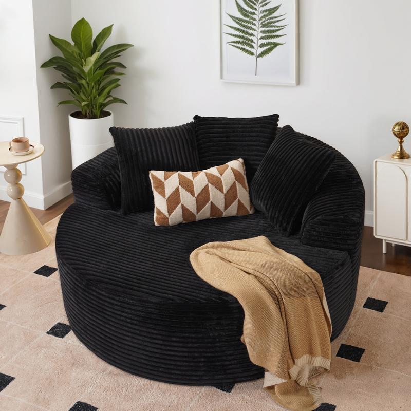 【Black Friday Sale】Ovios 59" W Oversized Round Sofa Bed - Fluffy Lazy Bean Bag, Modern Deep Seat Couch for Relaxation, Plush Corduroy Fabric, 3 Pillows Included, No Assembly Required