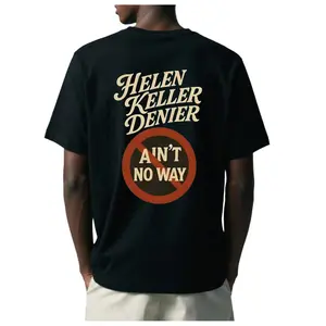 Vintage Washed Black Cotton T-shirt with Cream Helen Keller Denier Text and Red Ain't No Way Prohibition Symbol