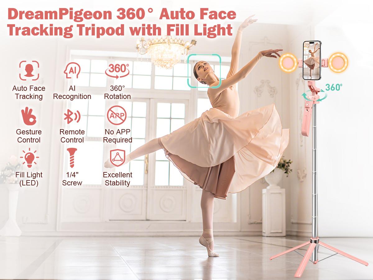 【Hot Selling Gift】360° Rotatable Selfie Stick Tripod, Rechargeable Smart Face Tracking Tripod with 2 Fill Lights, Free your hands，Auto Face Tracking Phone Holder for Vlog、Live Streaming、Rotating Stand、Document your life