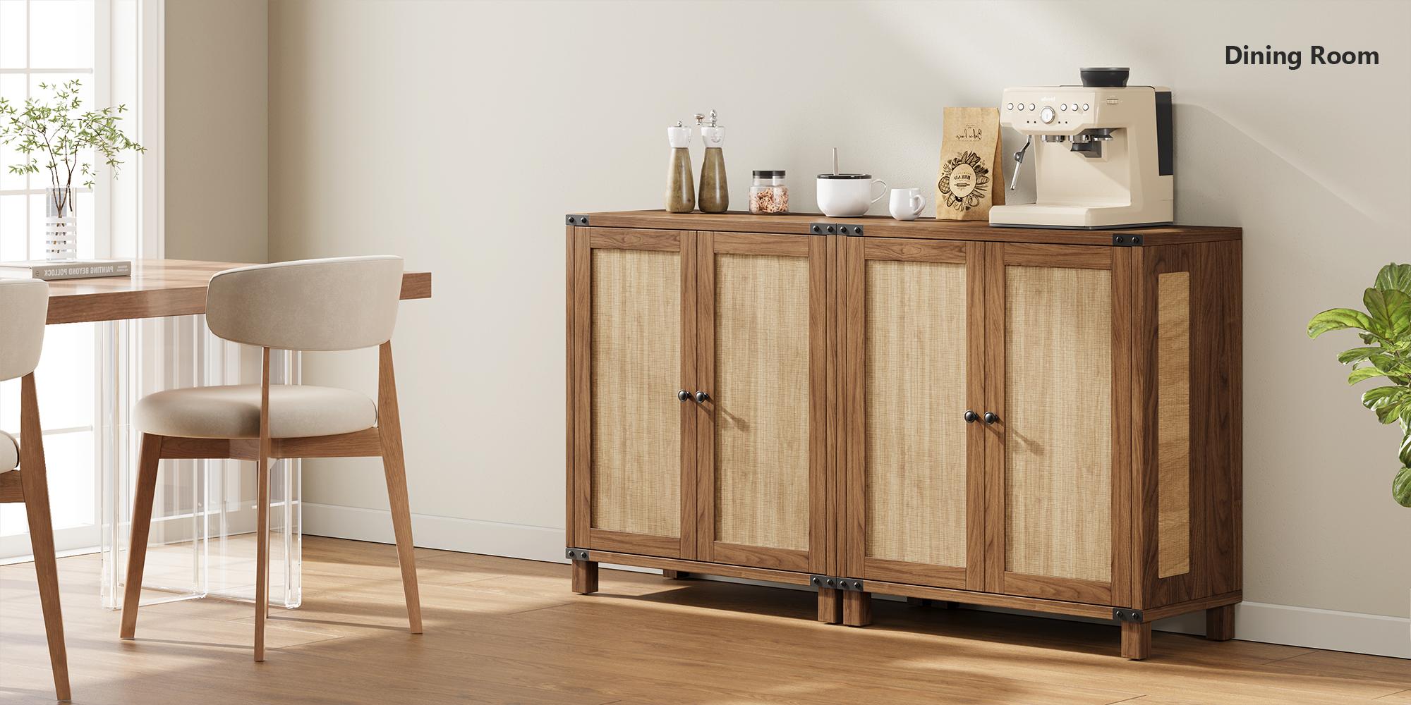 【Valentine's Day gift】ONBRILL 31.5" Sideboard Buffet Cabinet with Storage, Rattan Style Credenza with 2 Soft-Close Doors & Adjustable Shelves, Accent Cabinet for Living Room, Hallway, Kitchen