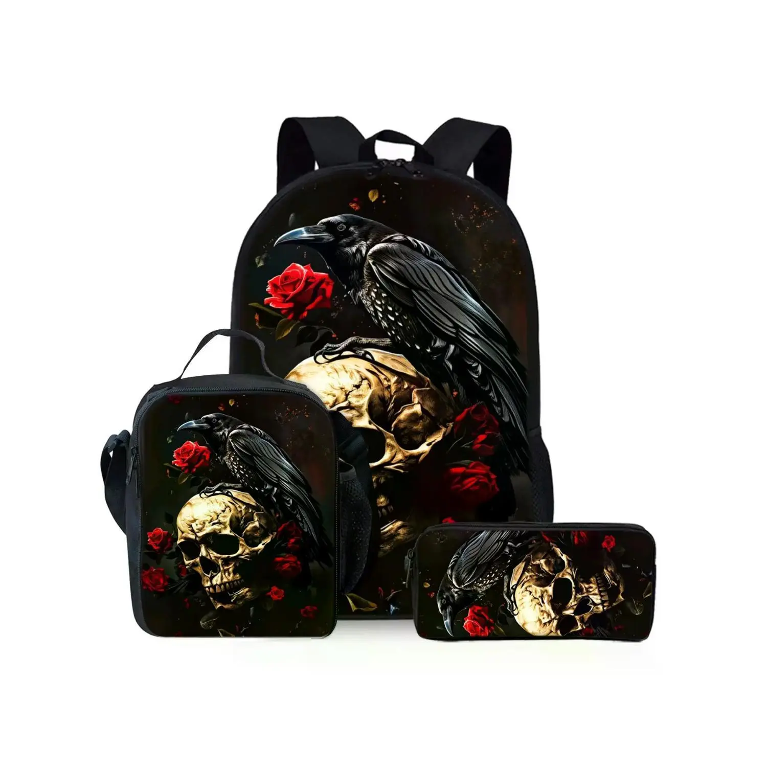 Red Rose and Crow Skull Print 3-Piece Backpack Set with Lunch and Pen Bag
