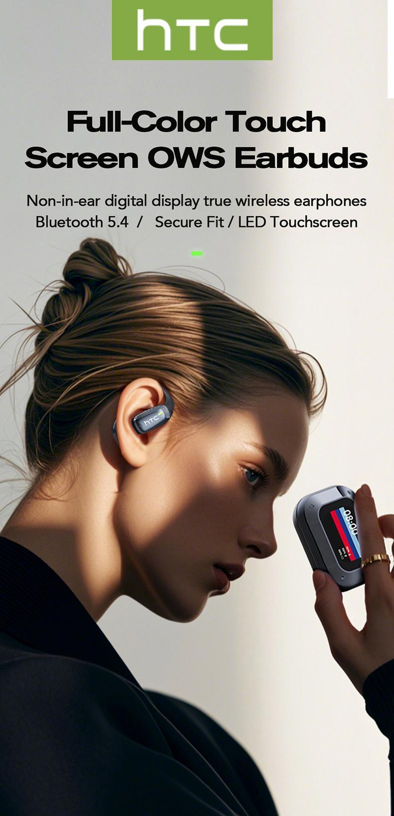 HTC NE25 Translation Earbuds, Real-time Translation, Open Wireless Bluetooth Headphones, Supports 134 Languages ​​with App, Vibrant Color Touchscreen, OWS Technology, Integrated Microphone, High-Quality Sound, Compatible with iOS and Android