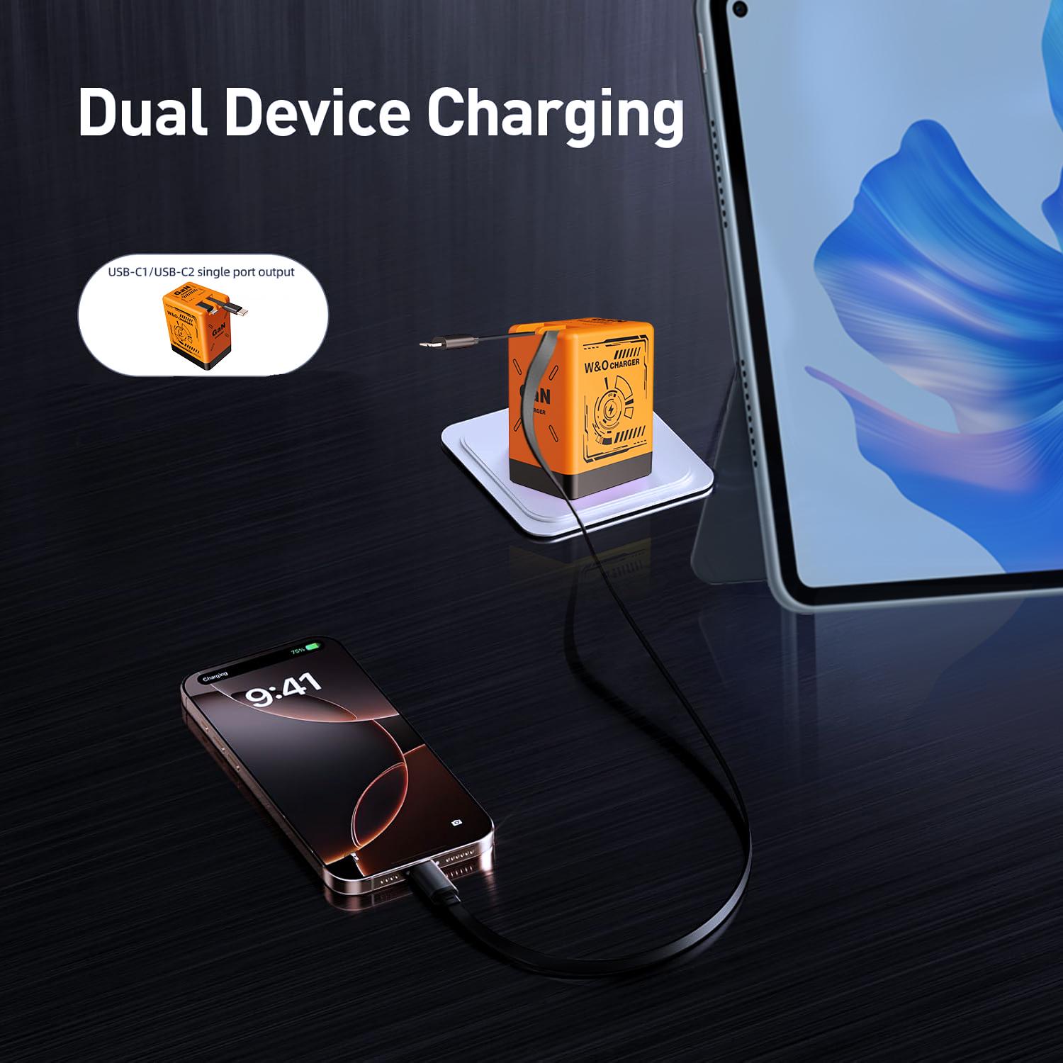 W&O Retractable Travel Charger with Dual Cables GaN Fast Charging Wall Plug for iPhone Galaxy Android Series with Type-C & Lightning Cables W&O Retractable Travel Charger with Dual Cables GaN Fast Charging Wall Plug for iPhone Galaxy Android Series with Type-C & Lightning Cables