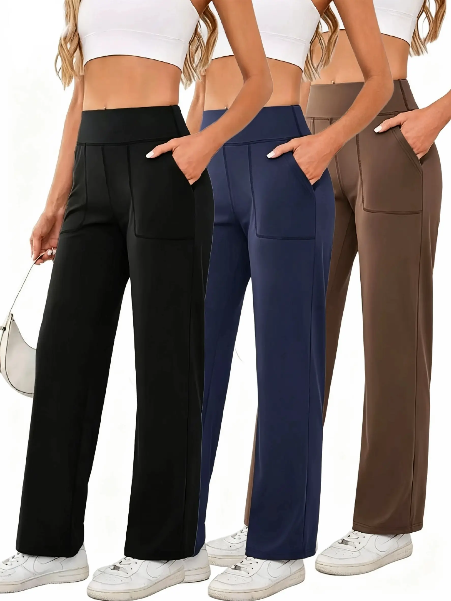 3-Pack High-Waisted Women’s Wide-Leg Yoga Pants – High Stretch, Drapey Fabric, With Pockets, Casual Straight-Cut Sportswear