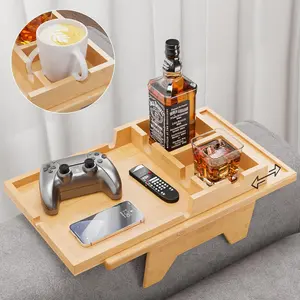 Bamboo Sofa Arm Cup Holder Tray- 2 in 1 Couch Armrest Table with Be Slide-Away Detachable Double Holder - Sofa Armchair Caddy for Drinking Snacks iPad TV Remote