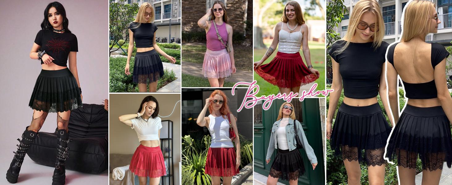 2026 NEW Womens Pleated Skirt Lace Mini Skirts Sexy High Waist Short Going Out Skirt,Women Y2k Mini Slip Skirt with Lace Trim Pleated Ruffle Short Skirts Flowy Club Night Skort Underskirt XS-XL