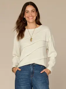 Long Sleeve Boat Neck Mixed Media Knit Top with Pleating and Overlock