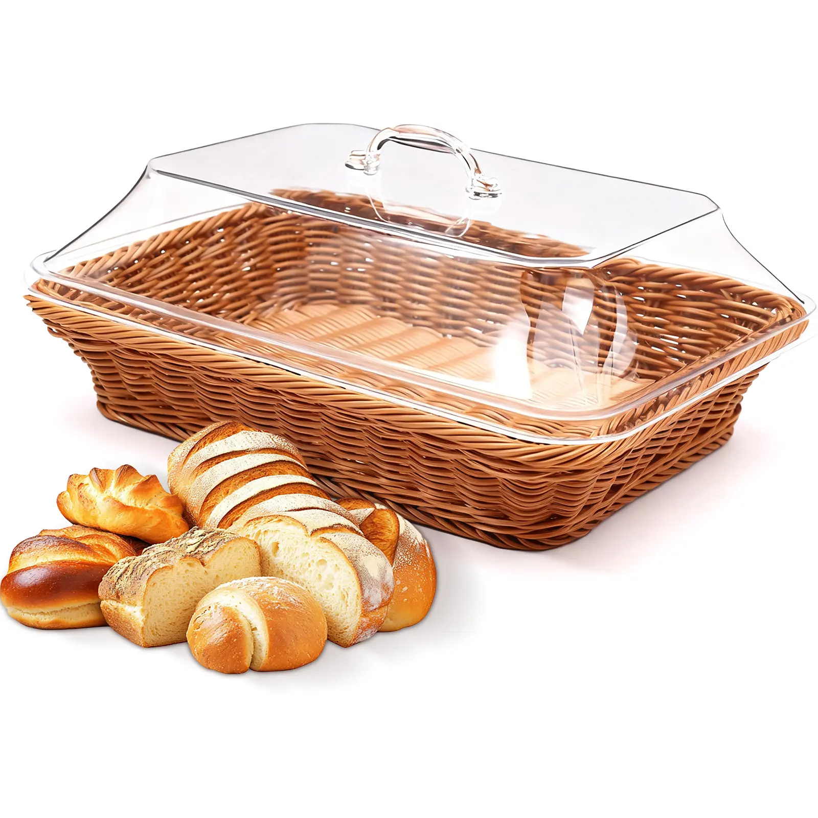 Imitation Rattan Bread Basket with Acrylic Lid, 13.8in x 9.6in Large Wicker Kitchen Utensils, Tabletop Food Serving Container, Fruit Tray for Kitchens, Dining Spaces