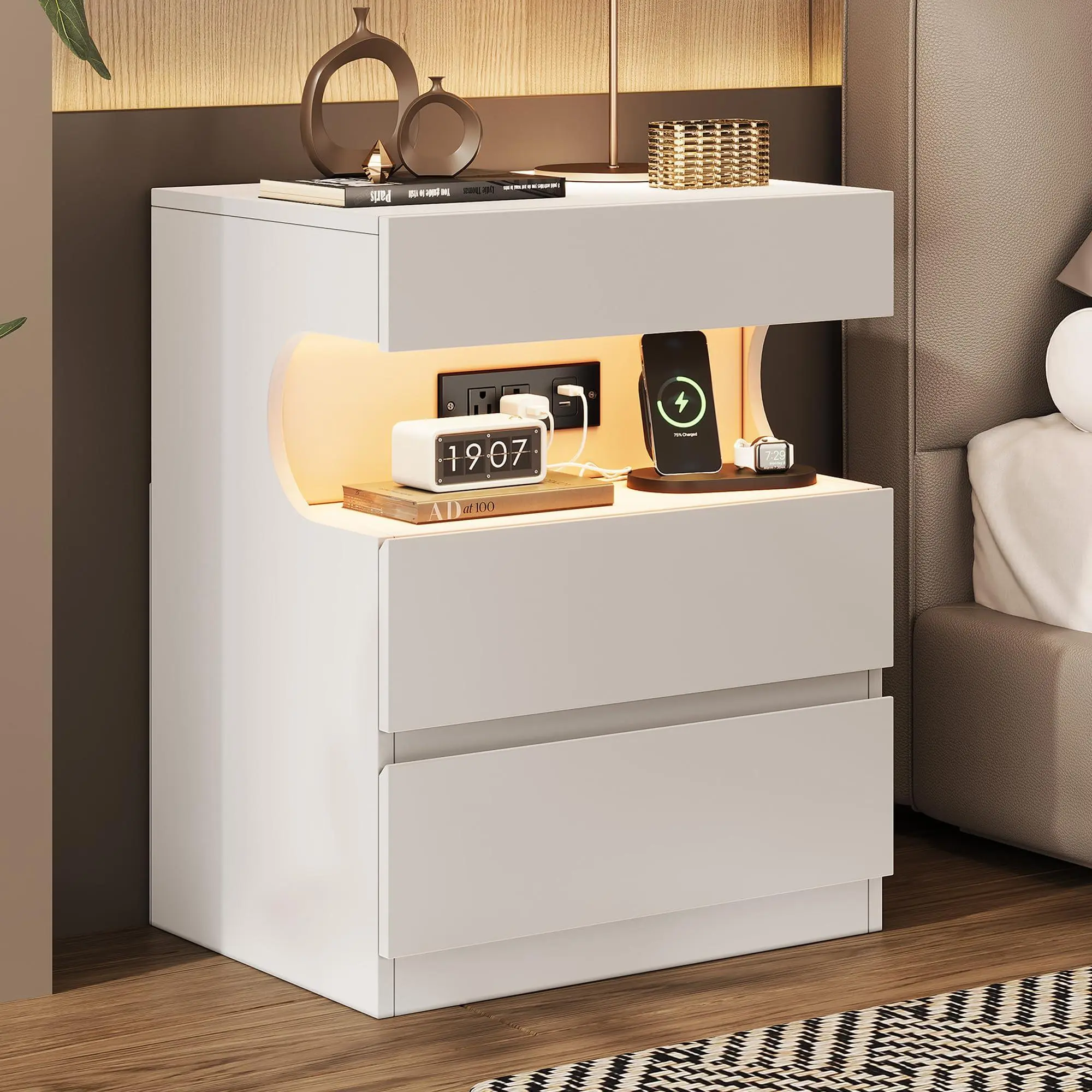 Garvee White Modern 3-Drawer Bedroom Nightstand with App-Controlled LED Light, Charging Station, USB Outlets, U-Shape Open Shelf