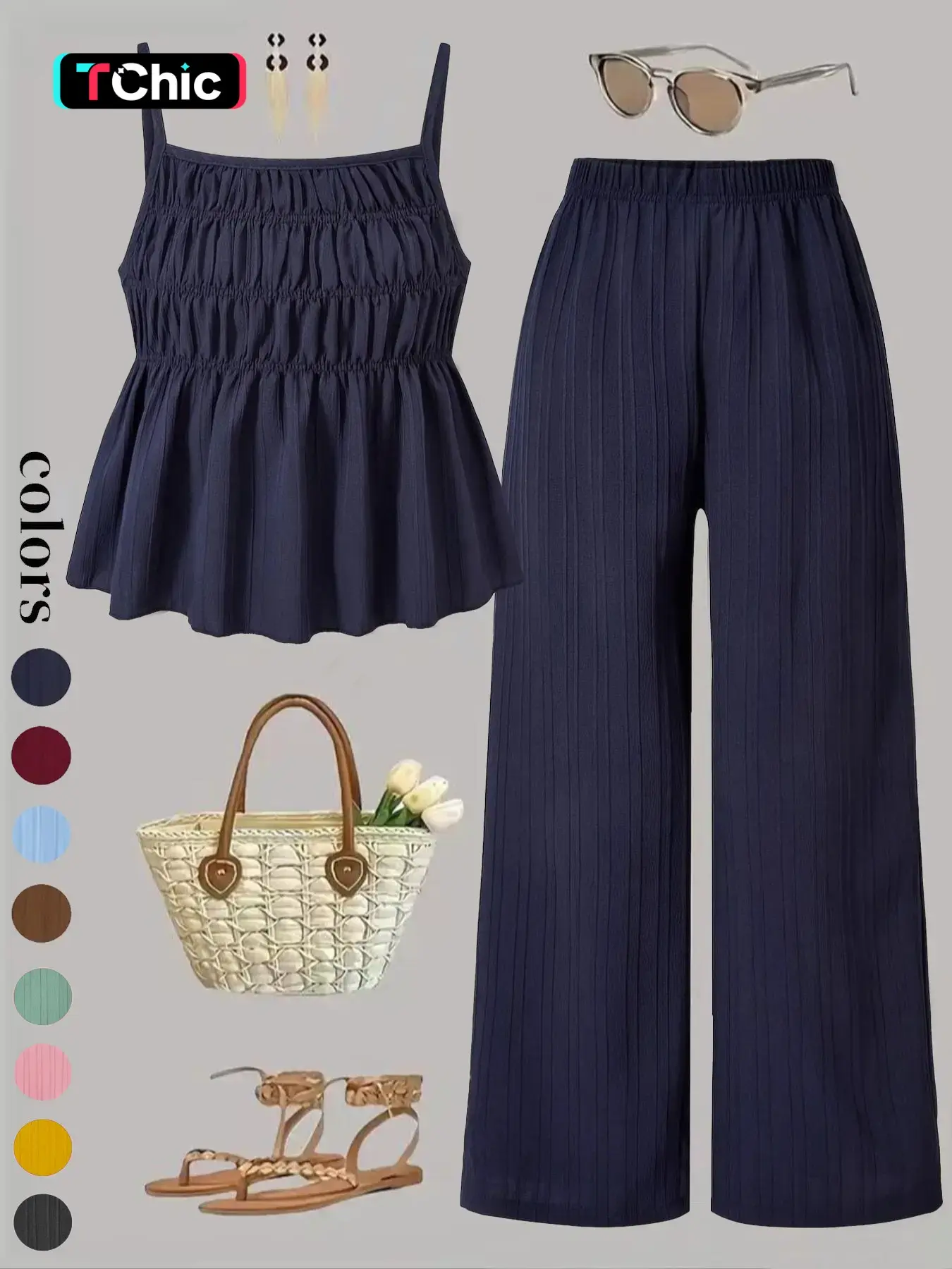 Two-Piece Set Women's Basic Solid Color Cami Top & Wide Leg Pants Set, Street Fashion Casual Outfits for Daily Outdoor Wear, Ladies Clothes for All Seasons