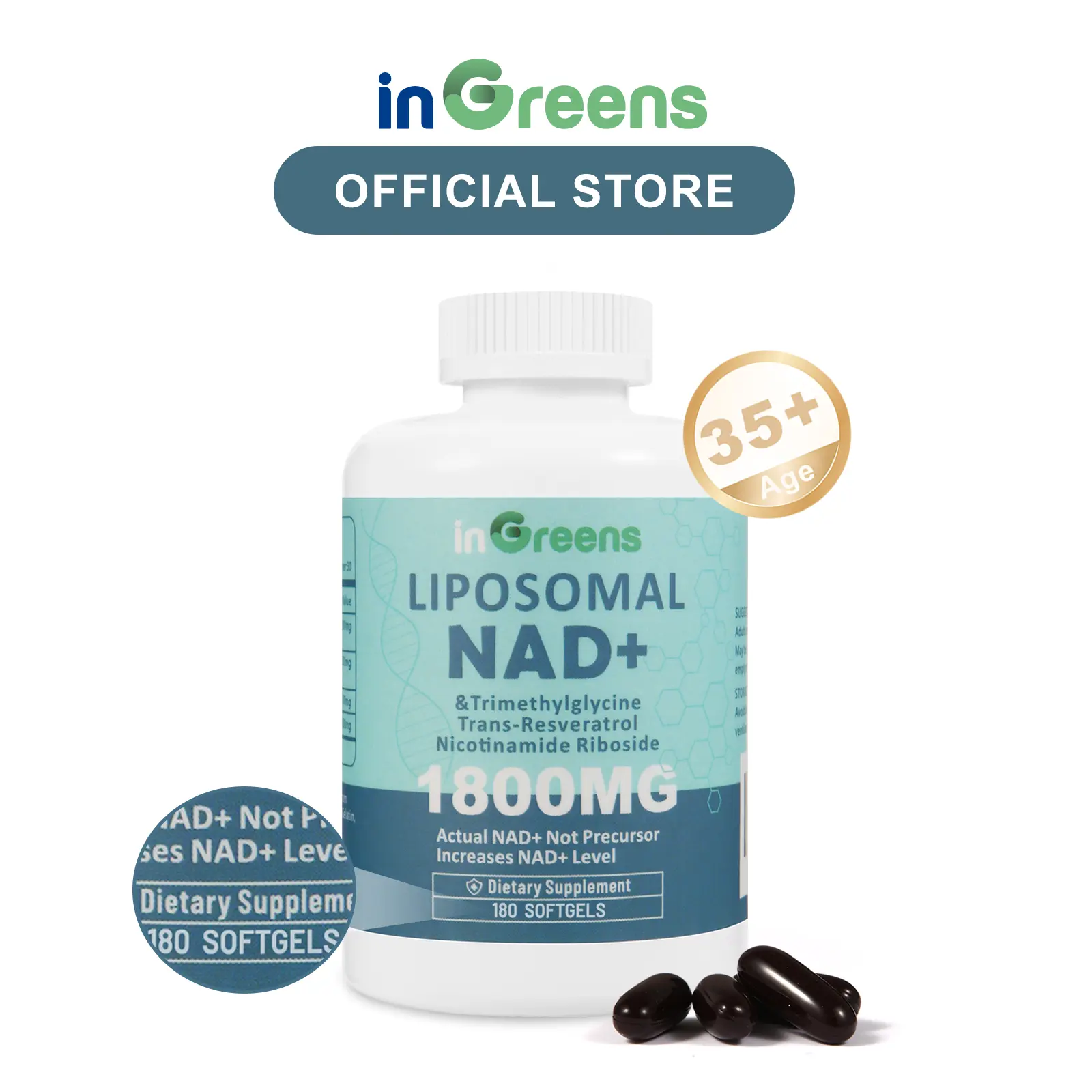 inGreens 1 Cup 180 Softgels NAD+ Supplement 1800 mg with Nicotinamide Riboside 200mg, Trans Resveratrol 200mg, Trimethylglycine 200mg，Boost NAD+, Cellular Energy and DNA Repair Vitamin Edible Dietary Healthcare Fitness
