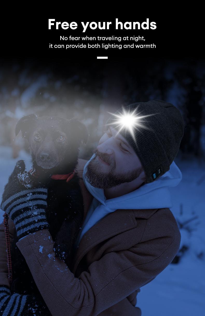 MGALL Bluetooth Beanie with LED Headlight and Removable Speakers, USB Rechargeable Knit warm winter Hat balaclava Hat for Music and Calling, sport,outdoor