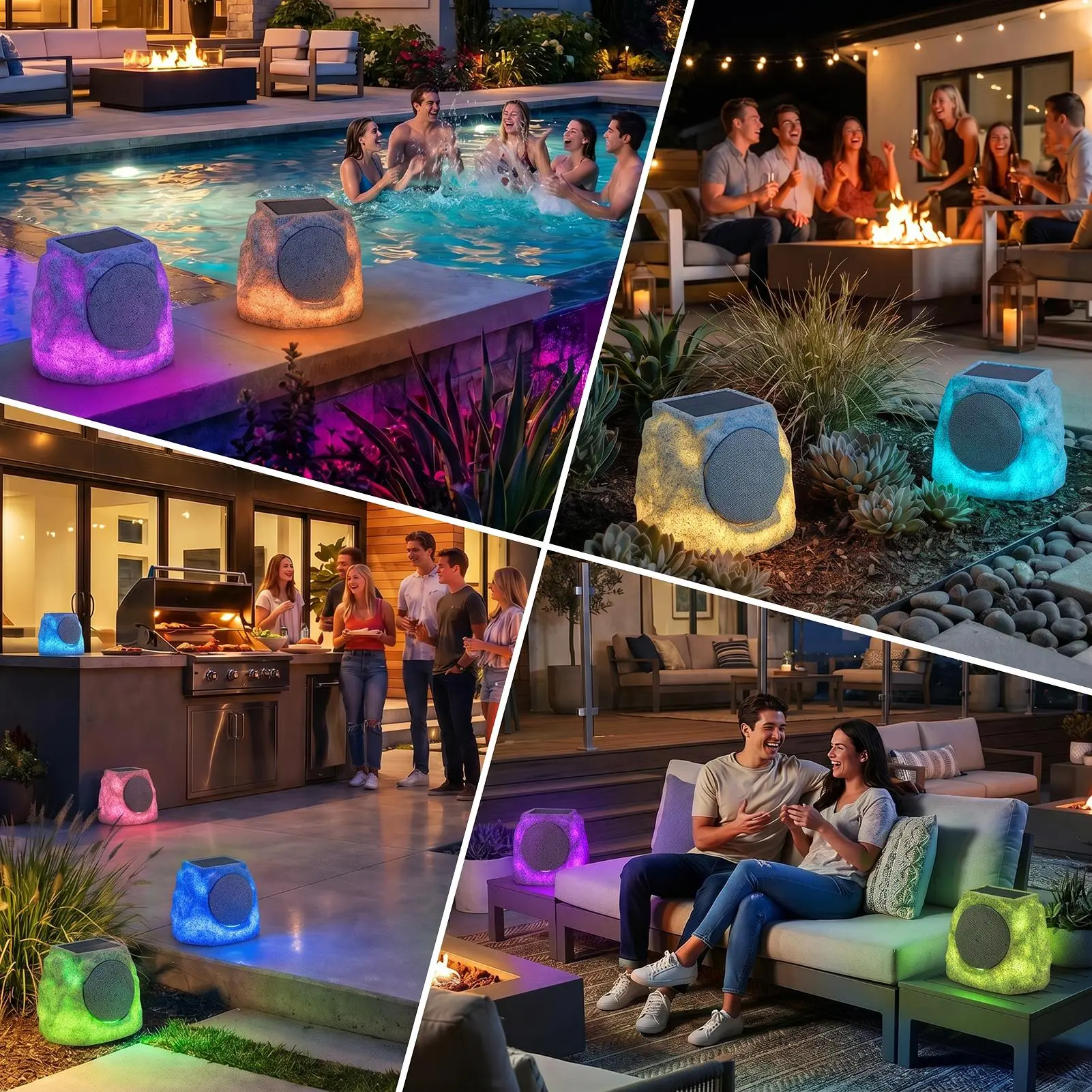 2-Pack Wireless Solar Rock Speakers, Rechargeable Bluetooth Audio, IP44 Waterproof Outdoor Stereo, Can Stand Rain Snow Watersplashes, With RGB Vibe-Creating Lights, Sync Up to 100+ Speakers, Ideal for Patio, Garden, Poolside Party Decor Upgrade