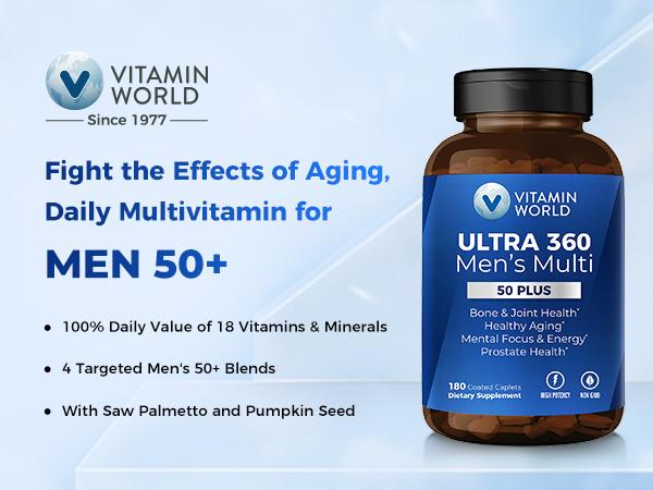 Vitamin World Ultra 360 Multivitamin for Men 50 Plus, Men's 50+ Multivitamin with Minerals & Herbs for Prostate Function, Supplement with Vitamin A, C, D, E & Zinc for Healthy Aging, Perfect Gift for Father,180 Caplets