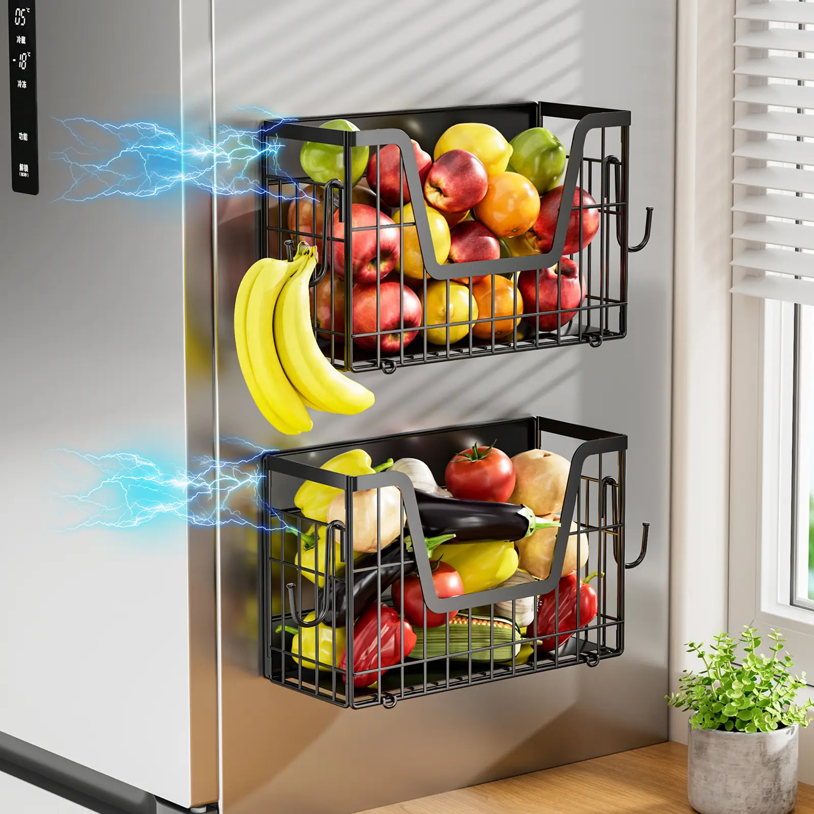 【Holiday Deals】San Dream Magnetic Shelf for Fridge Spice Rack Organizer Strong Magnetic Fruit Basket for Refrigerator Laundry Organizer Spice Snacks Magnet Fridge Shelf-1PC&2PCS
