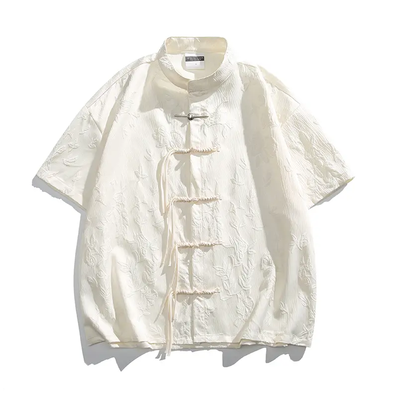 Men's Chinese-Style Shirt, Vintage Tang Suit Top with Embossed Floral Pattern and Stand Collar, Loose Fit Polyester Blend for Summer Outdoor Wear, Elastane, Casual, Han Elements, Retro, Ethnic, Fashion, Outdoor Activities