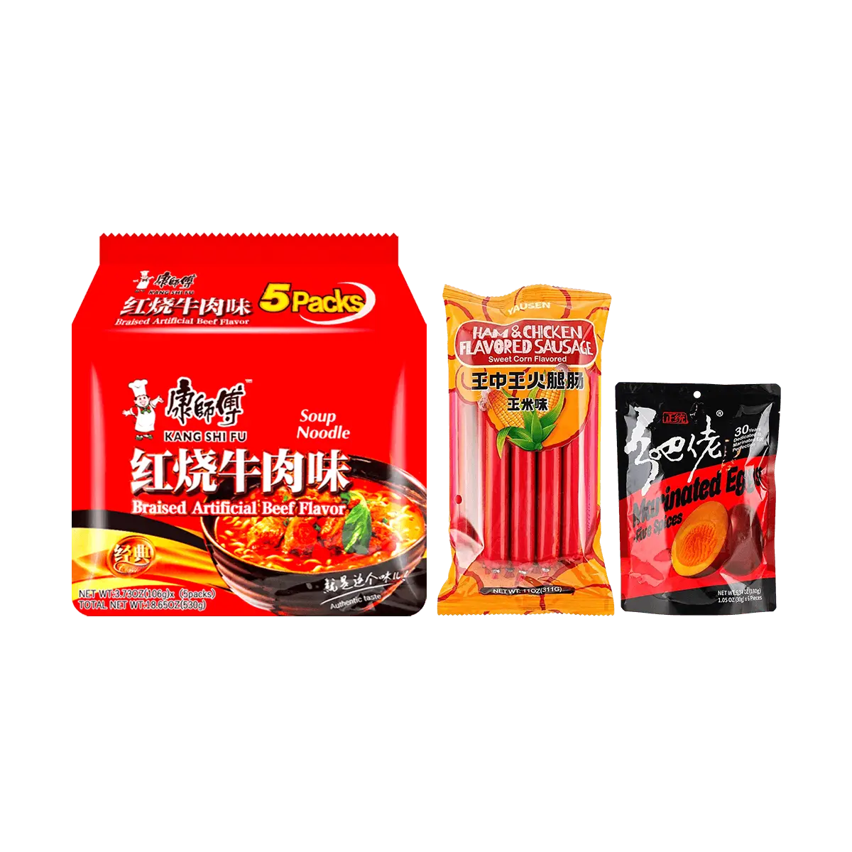 Master Kong Instant Noodles Braised Beef Flavor with Marinated Egg & Wang Zhong Wang Chicken Sausage - Midnight Snack Combo