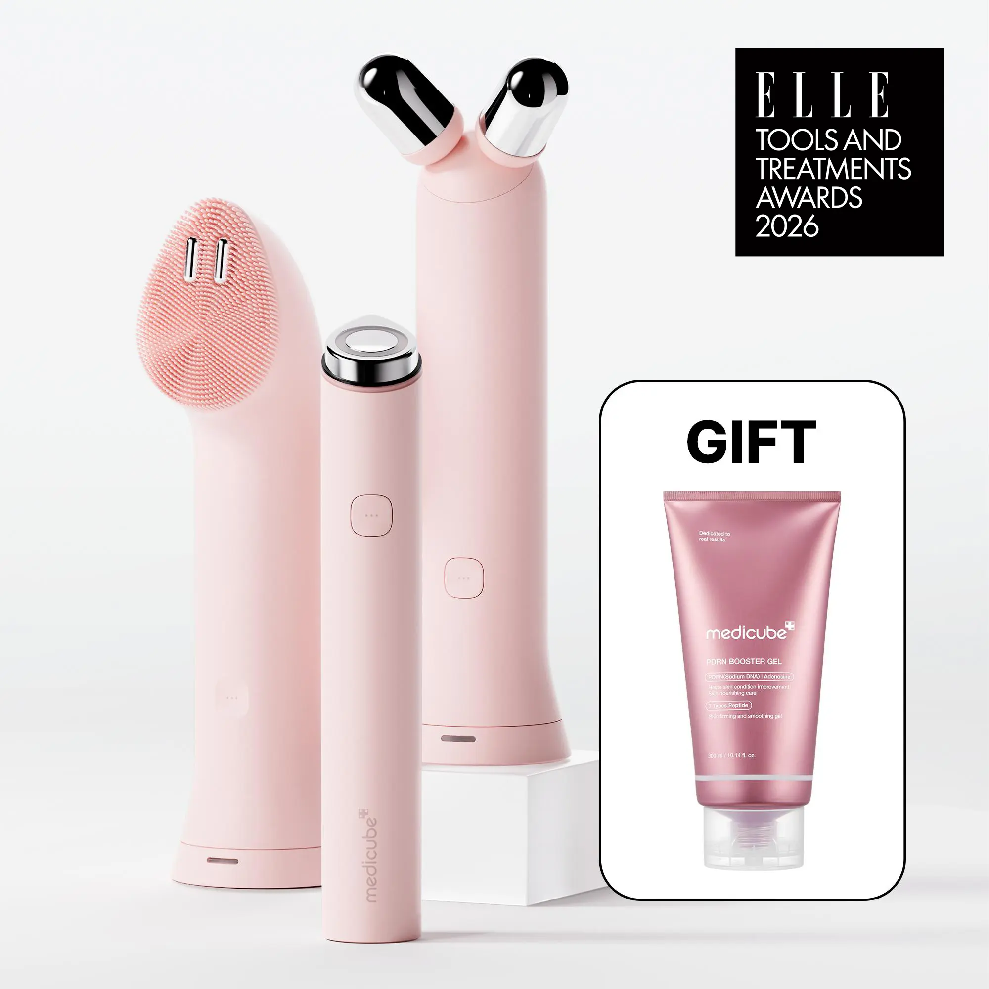 [medicube] 3-Step At-Home Spa Set - Pink / Beige ㅣMini Booster Pro Plus + Booster Facial Cleansing Device Head + Booster Face Roller HeadㅣK-beauty Facial Device for deep gentle cleansing, plump-looking appearance, puffiness, skin relaxion