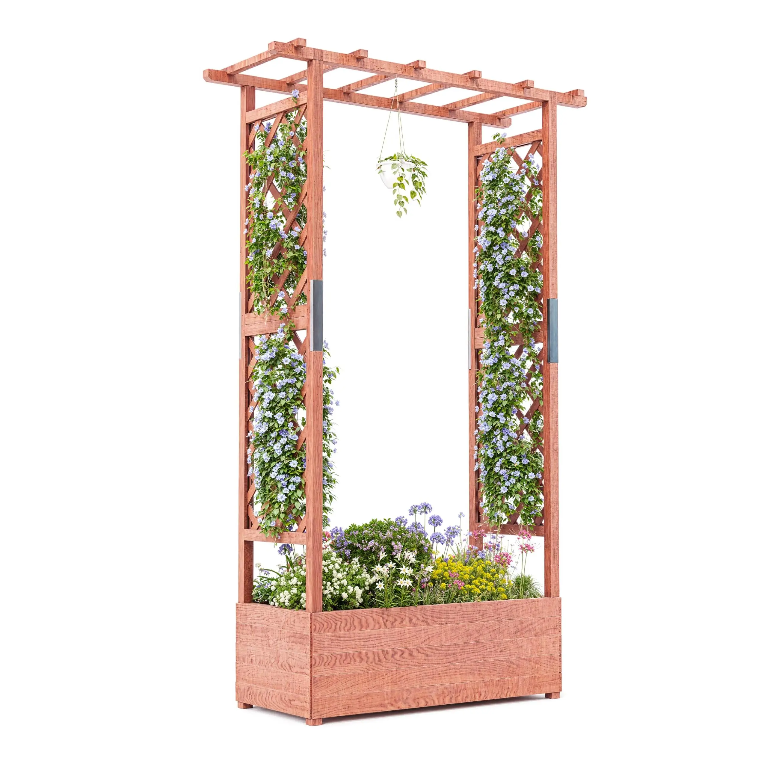 GARVEE Wooden Freestanding Raised Garden Bed with Side Trellis, Hanging Roof, 43-in Elevated Planter Box & 4 Drainage Holes for Climbing Plants, Vines