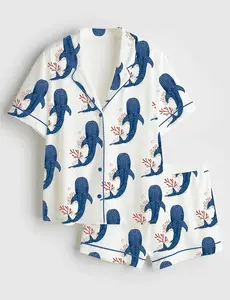 Women’s Whale Ocean Coconut Girl Jesus Beach Bachelorette Short Sleeve Satin Pajama Set