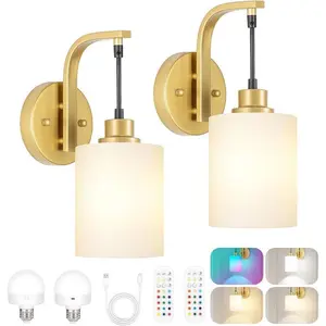 2 Packs Wireless Rechargeable Wall Sconce, Battery Operated Wall Lights, 2 Milky Glass Wall Lamps with Remote and Dimmable Bulbs, Indoor Sconces Wall Decor for Bedroom Living Room
