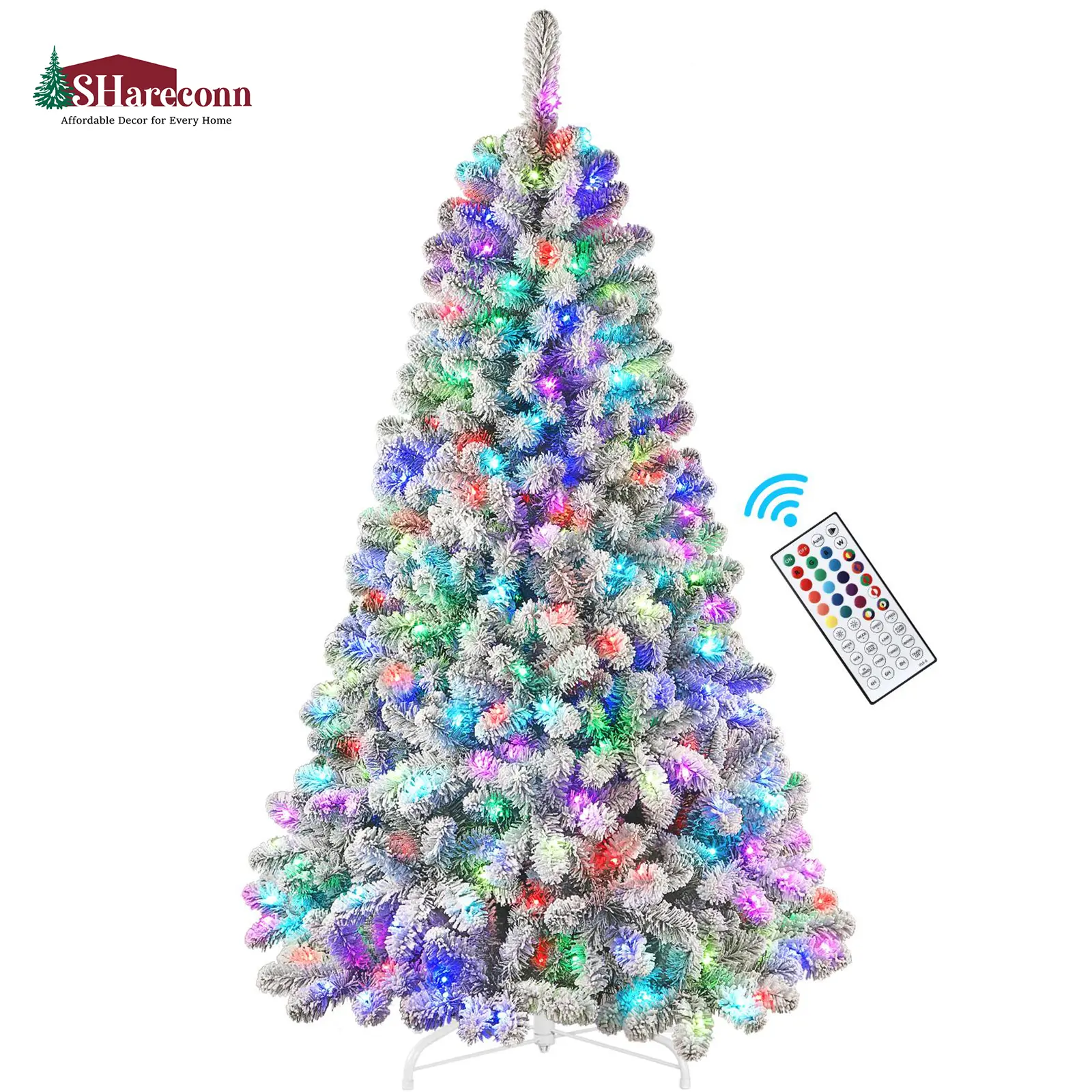 SHareconn 2026 New Artificial Flocked Christmas Tree (4.5/5.5/6.5/7.5/8/9FT), Pre-Lit with Color Changing RGB LED Lights, Remote Control, Expandable Hinges, Art Deco Glam Contemporary Decor, Ideal Home Festive Supply