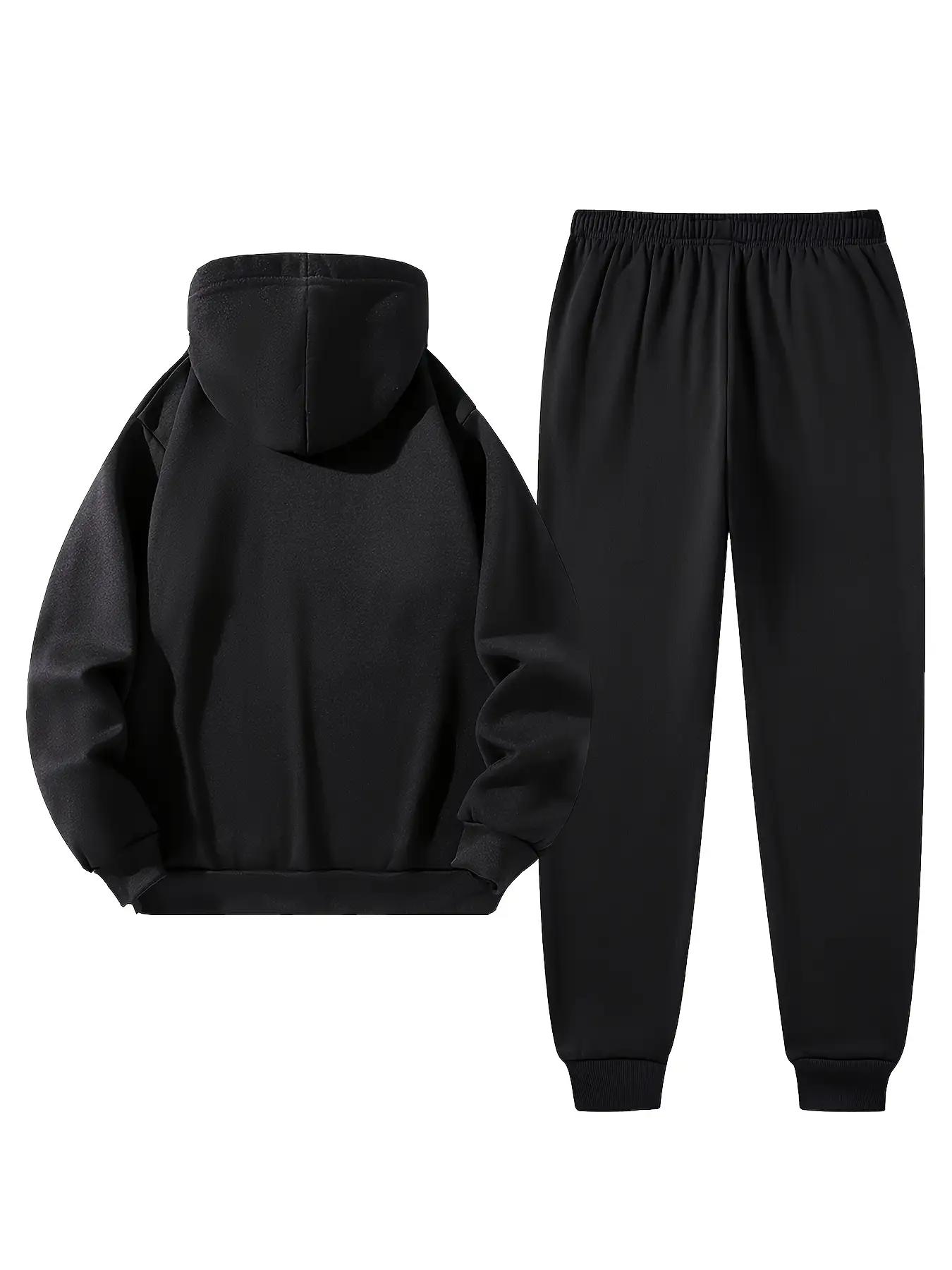 Men's sports two-piece hooded sweatshirt and pants set - gray with black logo, non stretch fabric, regular style, pocket, suitable for autumn and winter, casual wear | hooded sweatshirt | pocket pants, sweater hooded sweatshirt