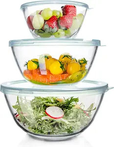 Glass Mixing Bowls Glass Bowls with Lids Set(4.5QT,2.7QT, 1.1QT),Large Salad Bowls,glass mixing bowl Space-Saving Nesting Storage bowls for Cooking,Baking,Prepping,Dishwasher Safe