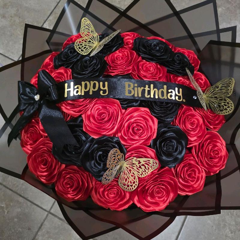 Eternal Roses Bouquet with Red & Black Roses Gold Butterflies and 'Happy Birthday' Ribbon for Special Occasions